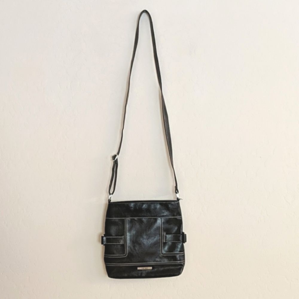 Nine West Black Cross Body Small Square Purse White Stitching